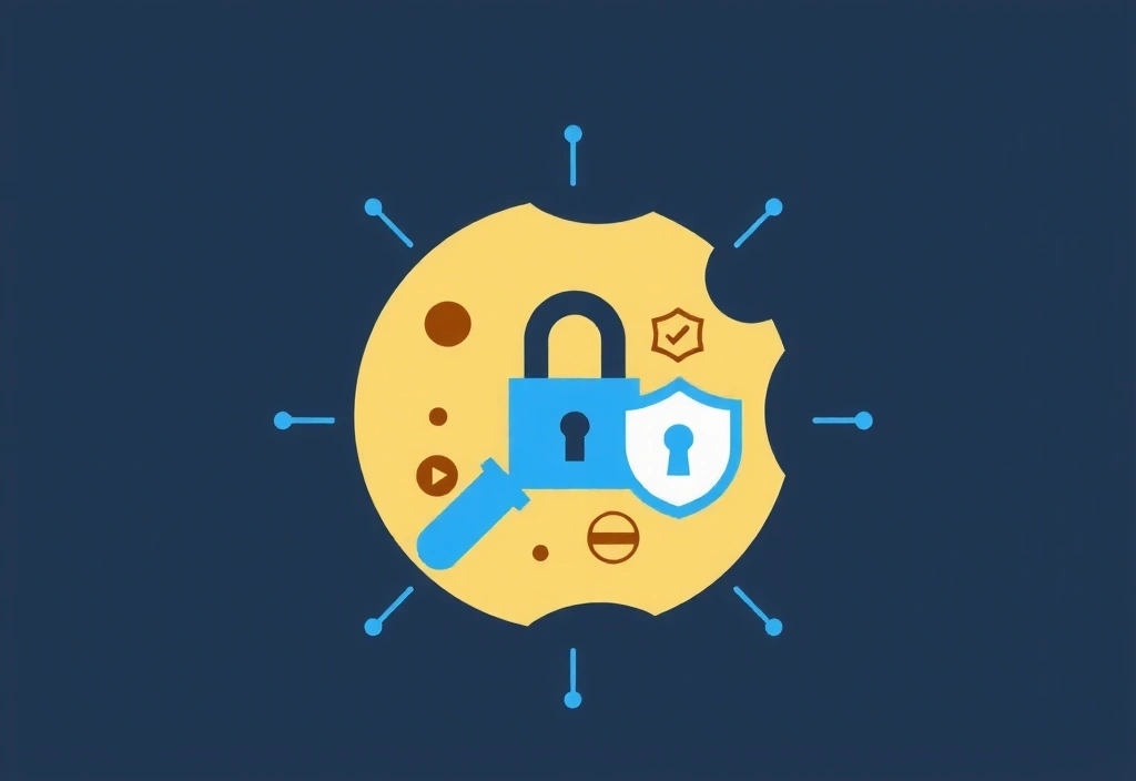 Illustrazione di un biscotto digitale con icone di privacy e sicurezza