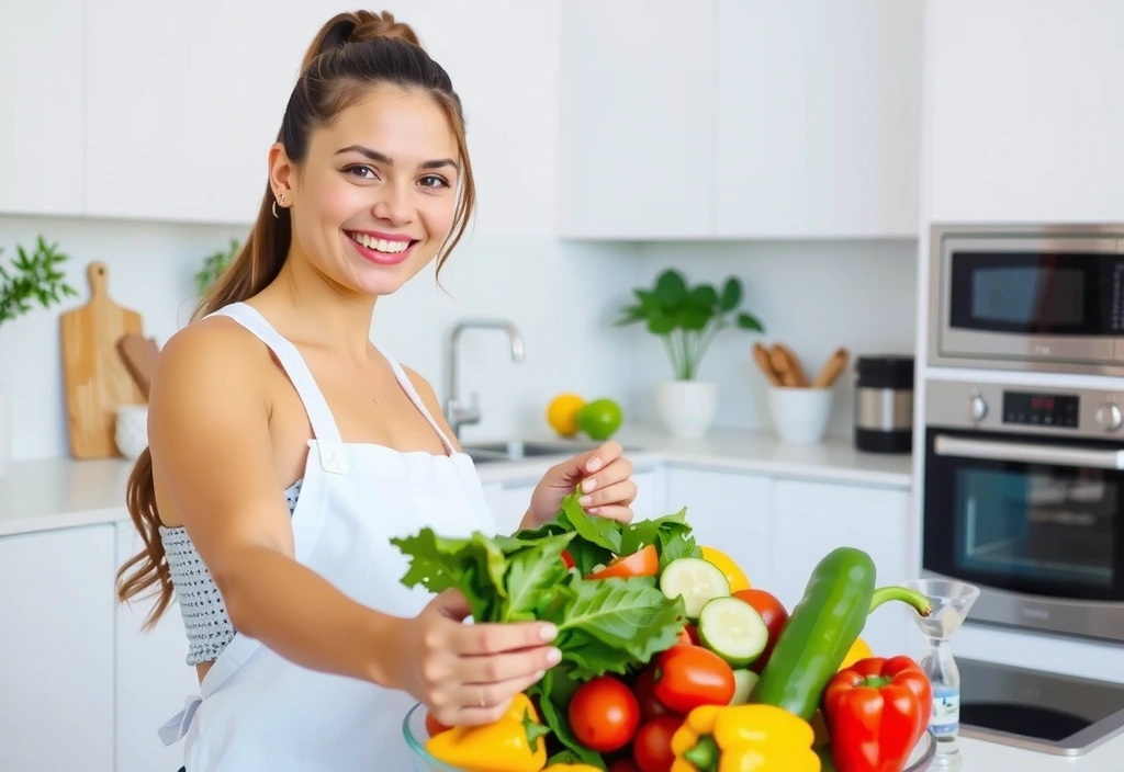 Donna sorridente che prepara un'insalata fresca e colorata in una cucina moderna