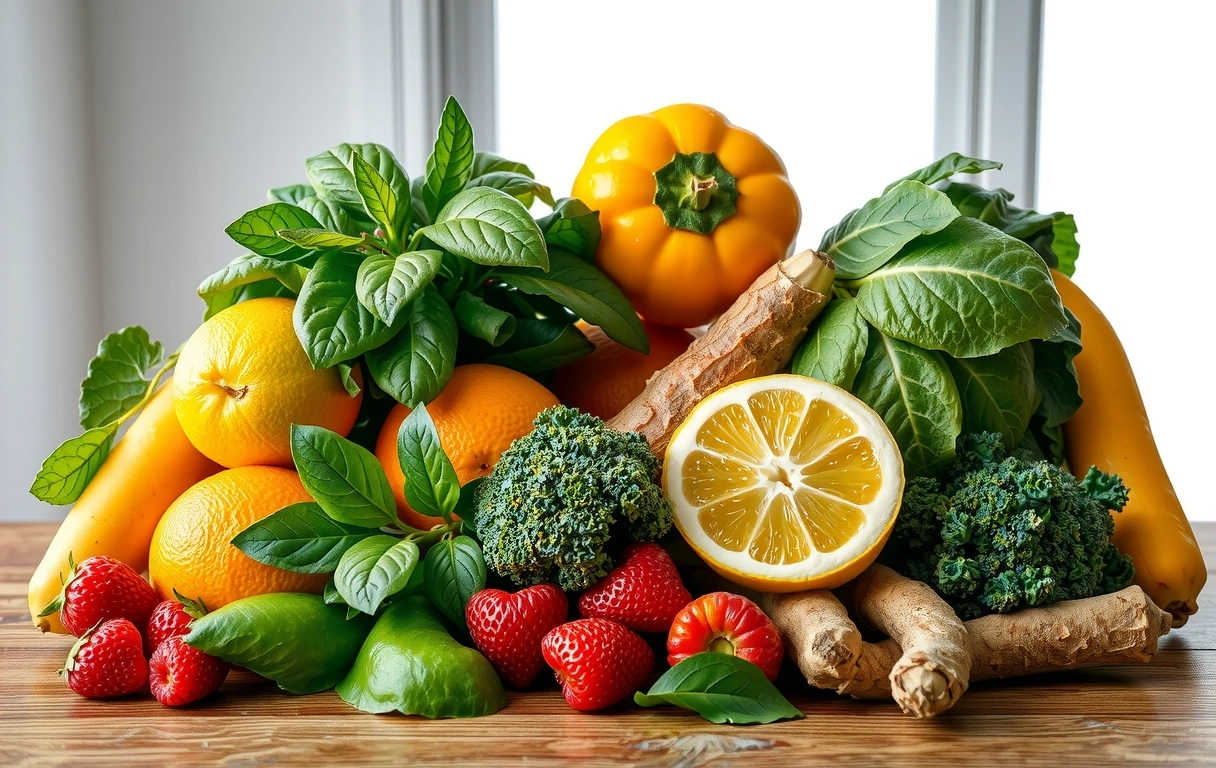 Frutta e verdura fresca che simboleggiano una nutrizione sana e vitalità