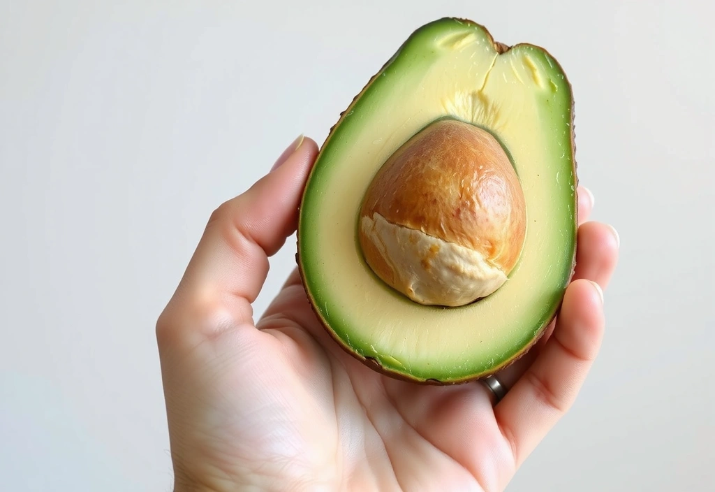Mano che tiene un avocado tagliato a metà, rappresentante grassi sani e alimentazione bilanciata