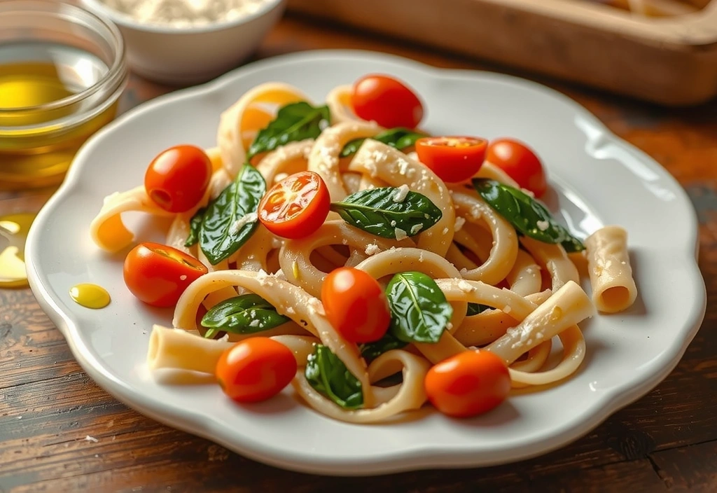 Piatti di pasta integrale con verdure fresche, illustrante un articolo sulla dieta mediterranea