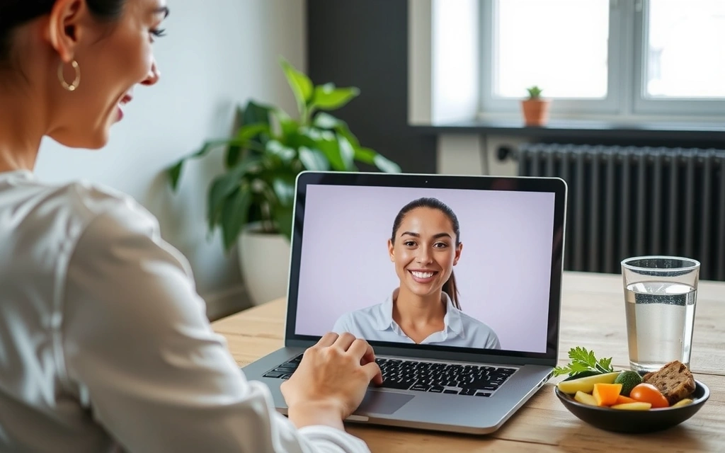 Persona che usa un laptop per una videochiamata di consulenza nutrizionale online