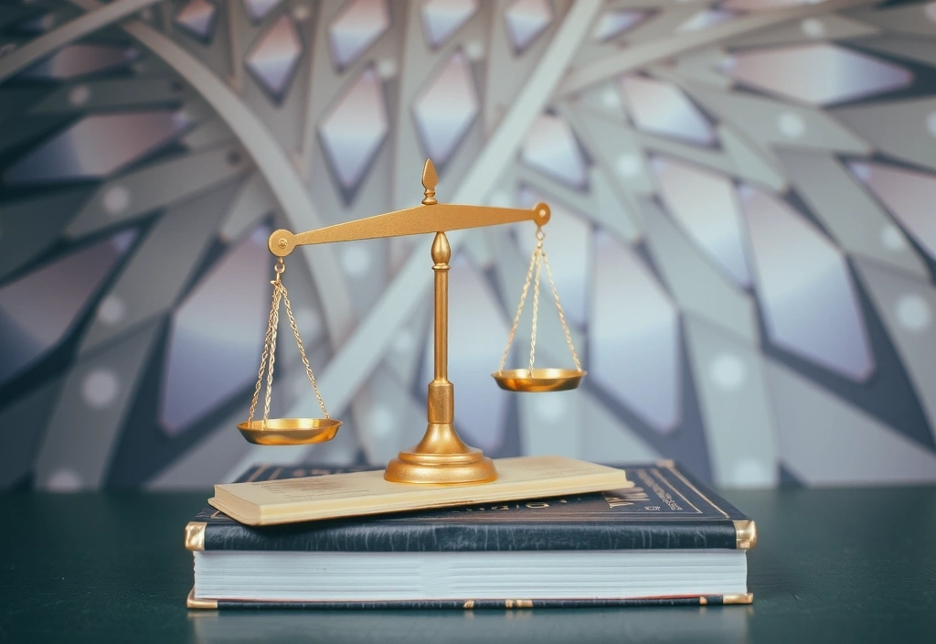 Bilancia della giustizia su un libro di leggi con sfondo astratto