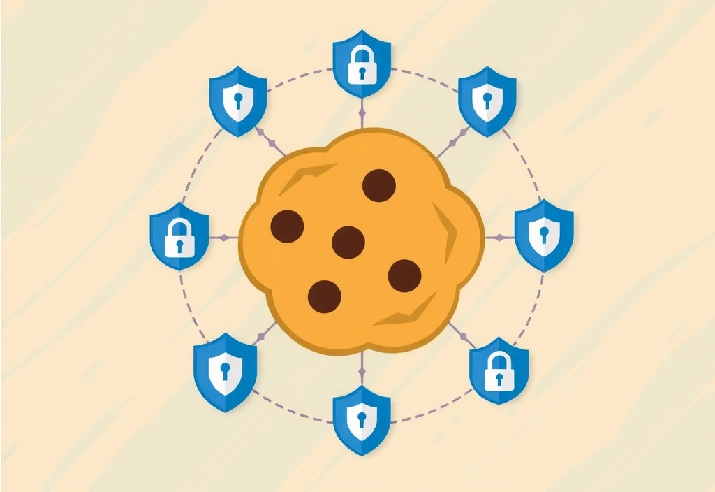 A cookie icon surrounded by digital security shields