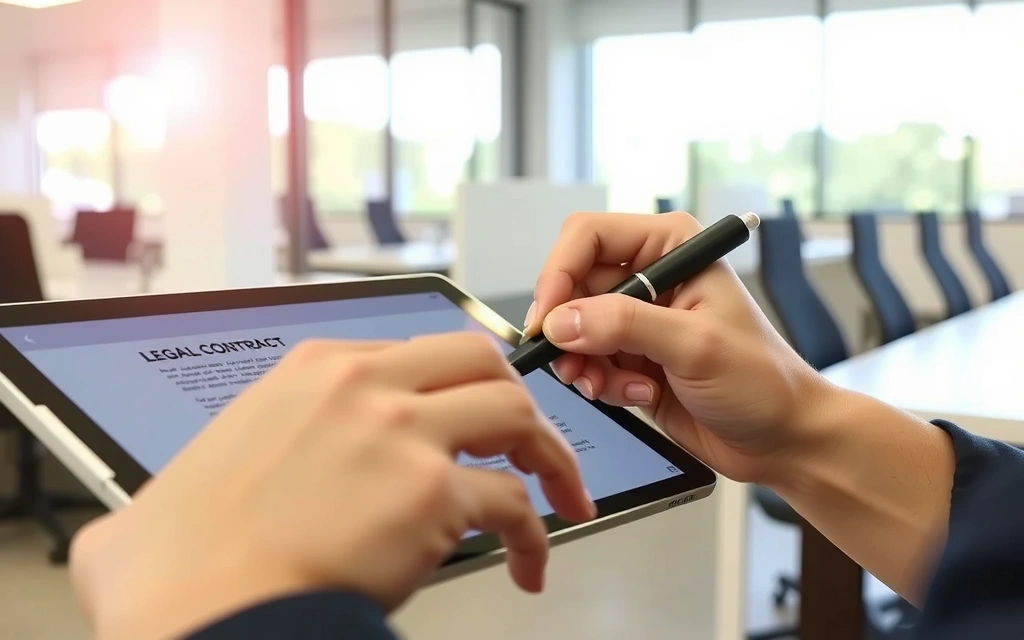 Hands signing a digital contract, symbolizing agreement to terms and conditions